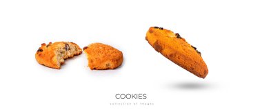 Beyaz arka planda izole edilmiş çikolata parçalı kurabiyeler, yiyecek havalanması. Yüksek kalite fotoğraf