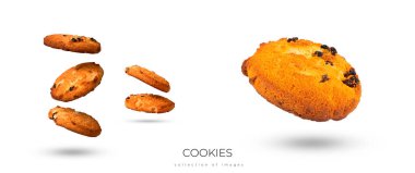 Beyaz arka planda izole edilmiş çikolata parçalı kurabiyeler, yiyecek havalanması. Yüksek kalite fotoğraf