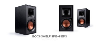 Beyaz arka planda ahşap kaplamalı siyah hoparlör - 3D görüntüleme. Yüksek kalite fotoğraf