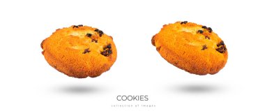 Beyaz arka planda izole edilmiş çikolata parçalı kurabiyeler, yiyecek havalanması. Yüksek kalite fotoğraf