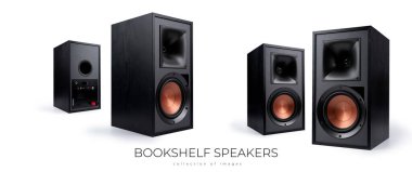 Beyaz arka planda ahşap kaplamalı siyah hoparlör - 3D görüntüleme. Yüksek kalite fotoğraf