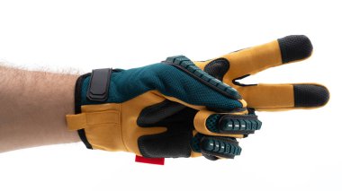 Sağlam bir bahçe eldiveni takan bir el barış işareti gösterir. Eldiven, dış görevler için ideal renk ve malzemelerin bir kombinasyonunu içeriyor. Bahçıvanlık faaliyetlerine hazır olmayı sembolize eder..