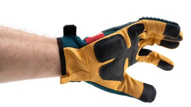 Canlı bir eldiven uzanan bir ele dayanır, çok yönlülüğünü gösterir. Kavrama yüzeyi ve belirgin renkleri, açık hava işleri veya eğlence faaliyetleri için uygunluğu göstermektedir..