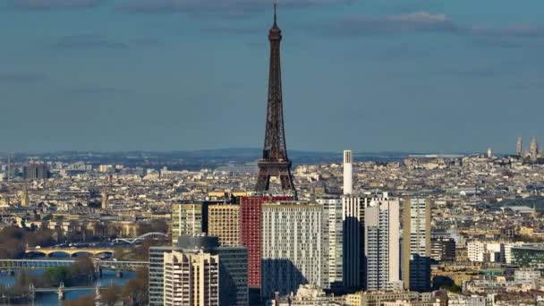 Letecký Bezpilotní Letoun Vzdálený Pohled Západ Slunce Tour Eiffelova Věž — Stock video