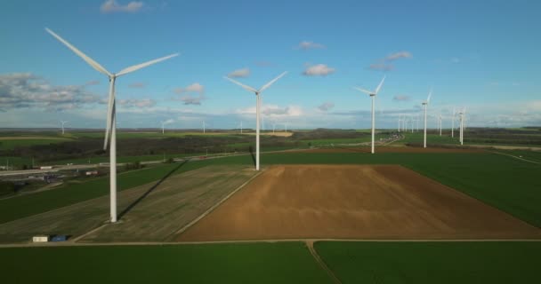 Yenilenebilir Enerji Kaynağı Yeşil Alanda Duran Rüzgar Türbinlerinin Hava Görüntüsü — Stok video