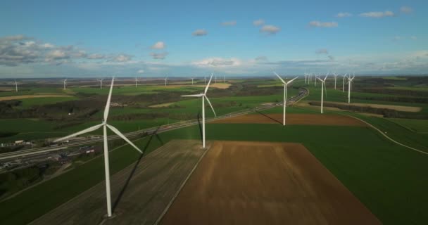Yenilenebilir Enerji Kaynağı Yeşil Alanda Duran Rüzgar Türbinlerinin Hava Görüntüsü — Stok video