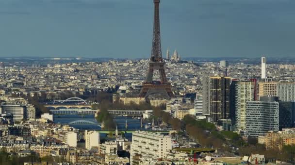 Flyglandskap Paris Seine Flod Antenn Frankrike Parallax Effekt Lång Lins — Stockvideo