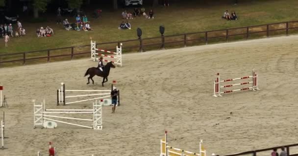 Jockey Häst Som Springer Runt Ett Grusspår Vid Solnedgången Ridsport — Stockvideo