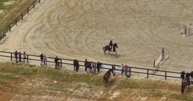 Hava görüntüsü. Profesyonel kıyafetli genç kadın binicilik ustasının sinematik yavaş çekimleri at yarışı yarışları için alıştırma yapıyor. Atlama atını göster.