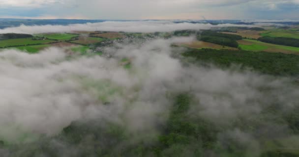 ドイツ ドイツの丘のヨーロッパの雲と緑の新鮮な森の上を飛行するドローン ドイツの霧の森の周りの空中ビュー 春の曇った日 森林地帯に位置する静かなドイツの村 — ストック動画