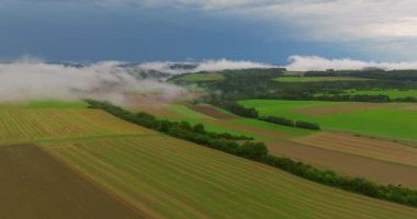 Bulutların üzerinden insansız hava aracı uçuşu ve Almanya 'nın tepelik Avrupa' sında yeşil taze orman. Almanya 'nın sisli ormanı etrafındaki hava manzarası. Baharın bulutlu bir gününde.