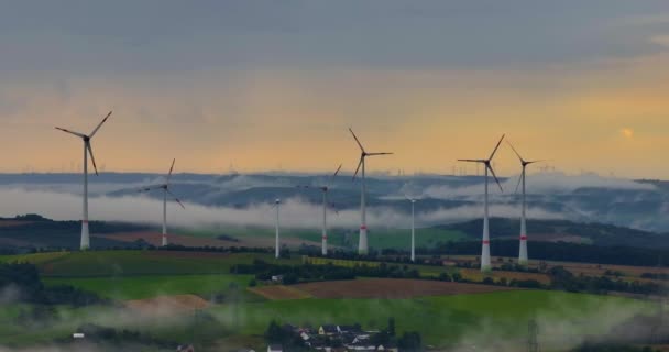 Aerial View Powerful Wind Turbine Farm Energy Production Beautiful Cloudy — Stock Video