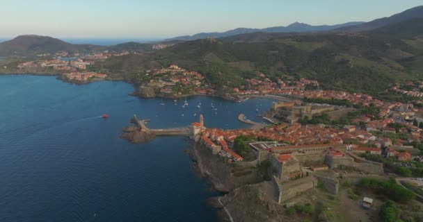 Jižní Francie Letecký Pohled Collioure Město Poblíž Perpignanu Port Davall — Stock video