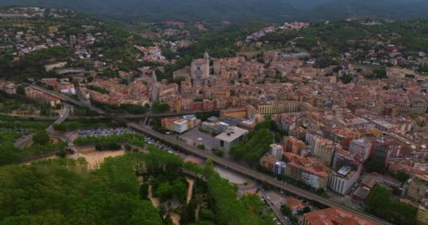 Luchtfoto Van Girona Stad Een Prachtige Zomerdag Catalonië Spanje — Stockvideo