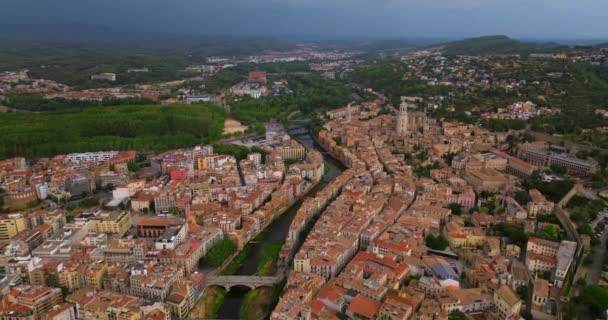 Vista Aérea Girona Ciudad Vieja Cataluña España — Vídeo de stock