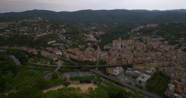 Vogels Panorama Van Oude Stad Girona Catalonië Spanje — Stockvideo