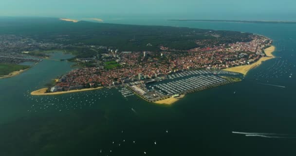 Luftaufnahme Der Seebrücke Arcachon Und Des Angrenzenden Strandes Touristenort Sommer — Stockvideo