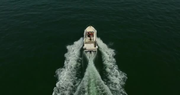 White Luxury Boat Sailing Clean Blue Sea Surface Aerial View — Stock Video