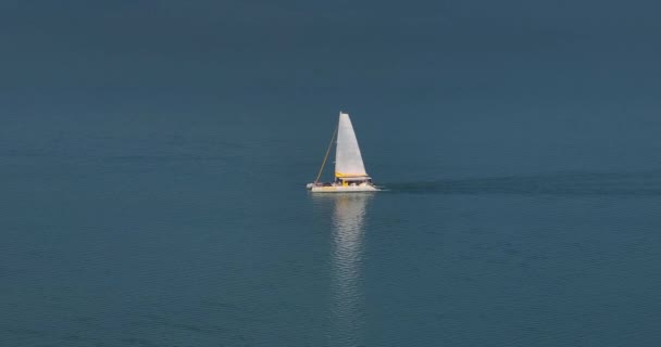 天気の良い海の青い表面に沿って航海する白い帆を持つヨットのドローンからの眺め — ストック動画