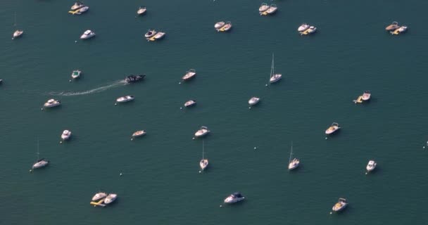 晴れた日のヨットとマリーナの空中ビュー 多くのヨットや帆船が海岸に取り付けられています — ストック動画