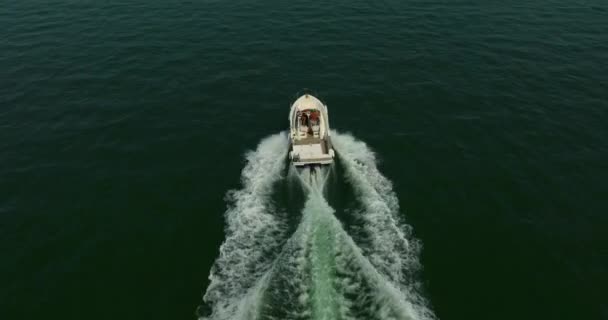 きれいな青い海面に航海する白い高級ボート 海洋の小さな波を持つスピードボートの上空の眺め 上からの明確なターコイズ魔法の海の速いスピードボート — ストック動画