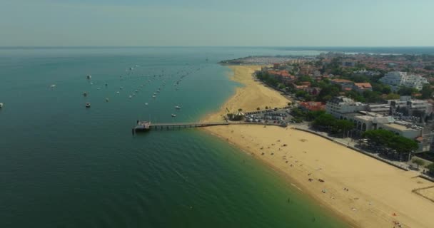 Luftaufnahme Der Seebrücke Arcachon Und Des Angrenzenden Strandes Touristenort Sommer — Stockvideo