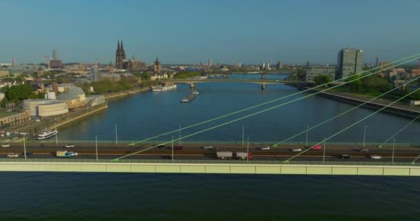 Köln Şehir Manzarası Ren Nehrinin Panoramik Hava Manzarası — Stok video