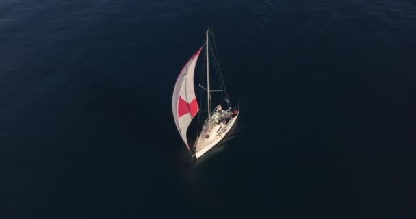 Yacht Sailing Open Sea Red Sails Aerial View Nature Seascape — Αρχείο Βίντεο