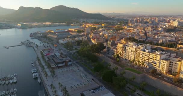 Vue Aérienne Panoramique Ville Carthagène Par Côte Méditerranéenne Surplombant Port — Video