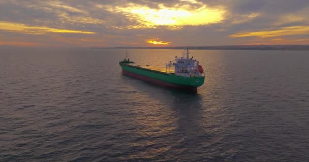 Aerial View Huge Bulk Carrier Tanker Anchored Deep Blue Mediterranean — Stock Video