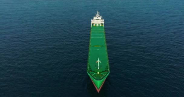 Aerial Top View Bow Large Cargo Ship Traveling Speed Blue — Stock Video