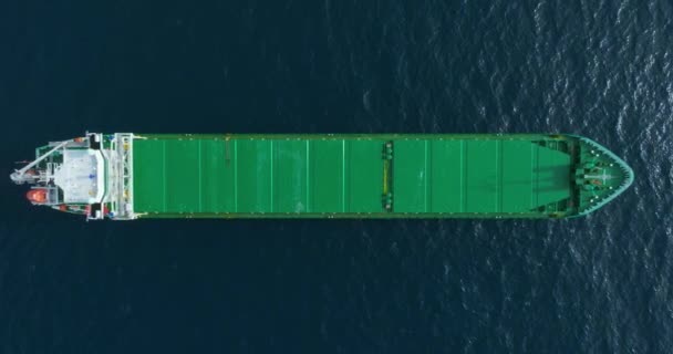 Aerial Top View Bow Large Cargo Ship Traveling Speed Blue — Stock Video