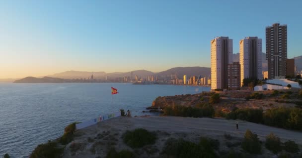 Letecký Pohled Benidorm Mrakodrapy Hotely Letoviska Benidorm Přímořské Pobřeží Španělsko — Stock video
