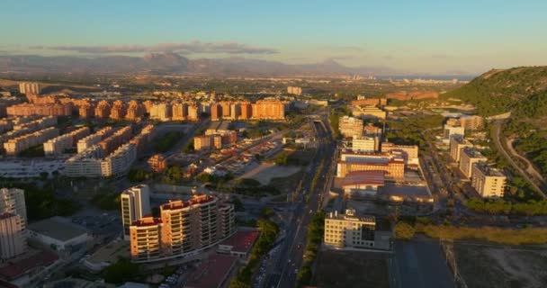 Alicante Pôr Sol Sobre Centro Cidade Alicante Espanha Vista Aérea — Vídeo de Stock