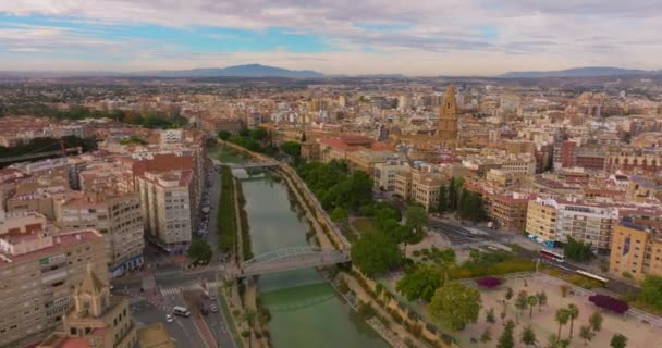 Vista Aérea Parte Central Ciudad Murcia España Histórica Catedral Católica — Vídeo de stock