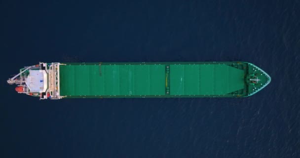 Luchtfoto Van Een Zee Verankerd Groen Vrachtschip — Stockvideo