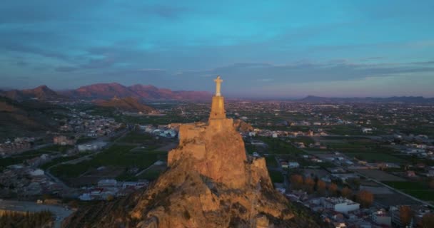 Légi Felvétel Szobor Chirst Rocky Hilltop Monteagudo Kastély Murcia — Stock videók