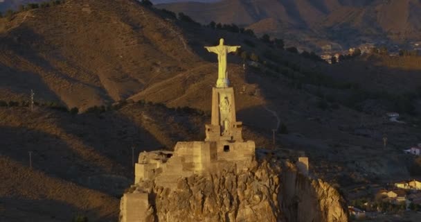 Vista Aérea Del Castillo Monteagudo Cristo Contra Puesta Del Sol — Vídeo de stock