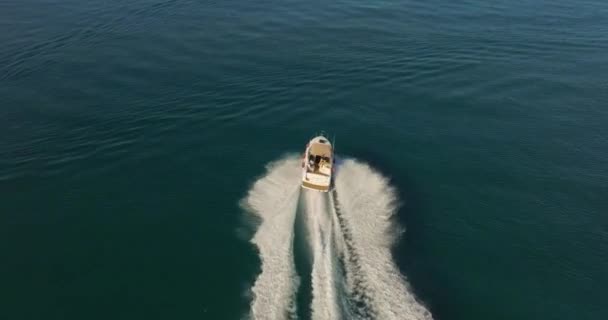 海上を移動する空中観測ボート トップビューセーリングボート アングラー付きの航空観覧モーターボート 海の水の波は反射する モーターボート — ストック動画