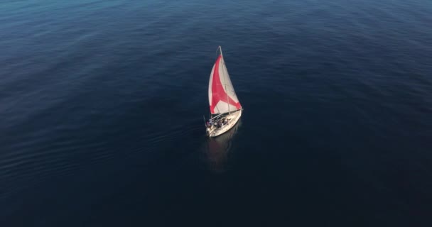 Luchtfoto Van Jacht Zeilen Open Zee Bij Zonlicht Zeegezicht Met — Stockvideo