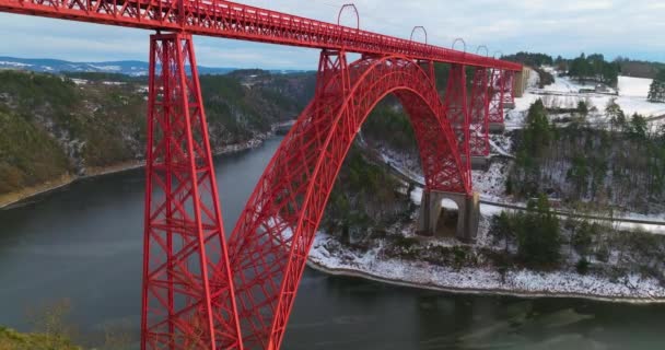 Vista Inverno Drone Garabit Viaduct Ponte Arco Ferroviário França — Vídeo de Stock