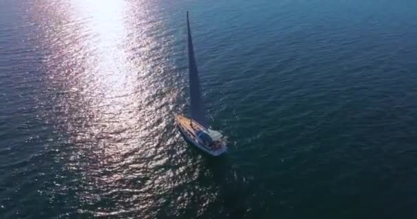 夕日には豪華なヨットを見ることができます 晴れた日に海を運転する大きなヨットボート — ストック動画