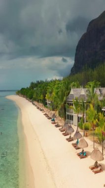Palmiye ağaçları ve güzel sahil gölünün üzerinden uç. Mauritius 'taki Cennet Adası. Sahil şeridi boyunca manzara manzarası. Mauritius sahilinin havadan görünüşü cennet adasında güneşli bir gün..