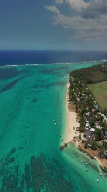 Palmiye ağaçları ve güzel sahil gölünün üzerinden uç. Mauritius 'taki Cennet Adası. Sahil şeridi boyunca manzara manzarası. Mauritius sahilinin havadan görünüşü cennet adasında güneşli bir gün..