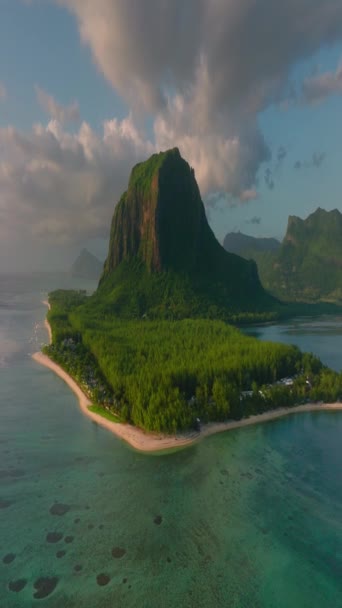 Close Fly Palm Trees Beautiful Beach Lagoon Paradise Island Mauritius — Stock Video