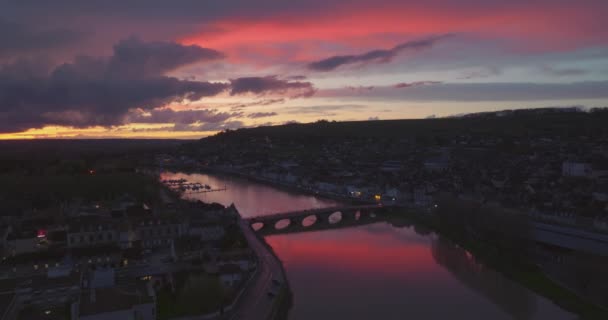 Widok Lotu Ptaka Francuskie Miasto Joigny Różowy Zachód Słońca Cityscape — Wideo stockowe