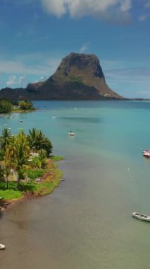 Palmiye ağaçları ve güzel sahil gölünün üzerinden uç. Mauritius 'taki Cennet Adası. Sahil şeridi boyunca manzara manzarası. Mauritius sahilinin havadan görünüşü cennet adasında güneşli bir gün..