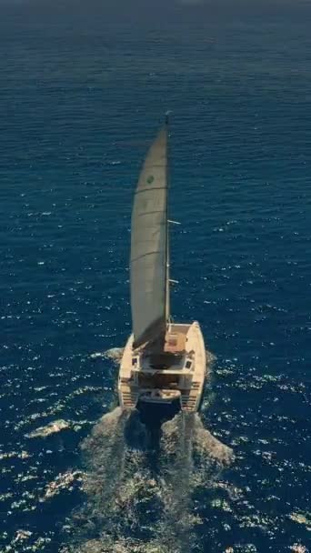 Güzel Sakin Bir Deniz Koyundaki Katamaran Teknesinin Havadan Görünüşü Lüks — Stok video