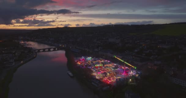 Luchtfoto Van Pretpark Frankrijk Twilight Time Verlichting Joigny Stad Beroemde — Stockvideo