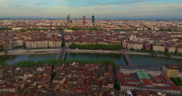 Fransa Nın Auvergne Rhone Alpes Bölgesindeki Tarihi Şehir Lyon Havadan — Stok video